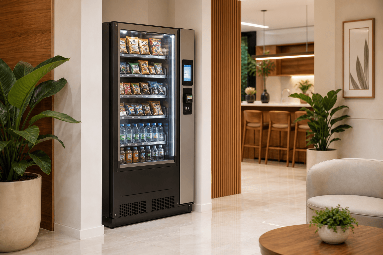 Vending machine instalada em uma área comum contemporânea